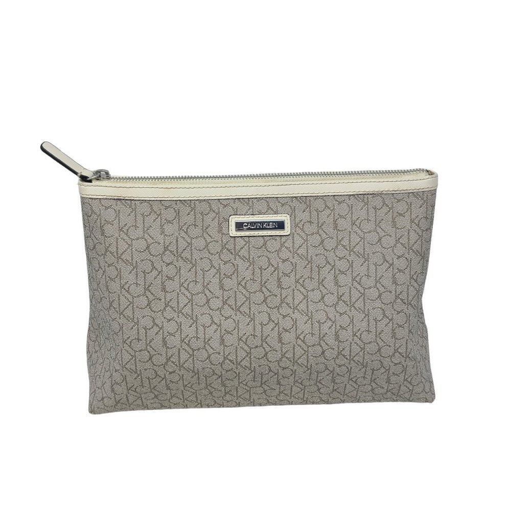 Calvin Klein Toiletry Bag Cream White Brown Travel Makeup Pouch Cosmetic 12x8